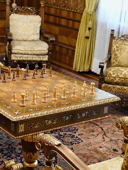 Chess set in ornate room at House of Ceauşescu, Bucharest.