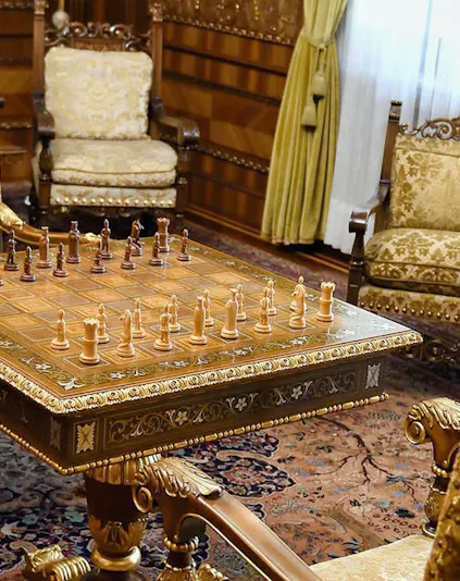 Chess set in ornate room at House of Ceauşescu, Bucharest.