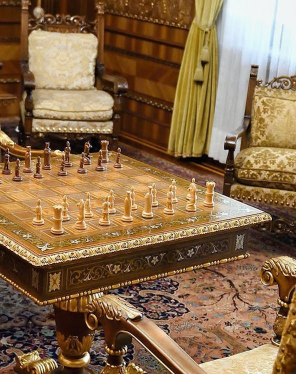 Chess set in ornate room at House of Ceauşescu, Bucharest.