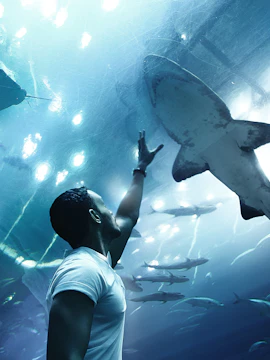 Man reaching towards a shark in an aquarium, Dubai experience.