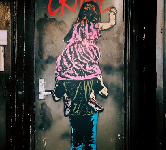 Street art of a child on shoulders writing "It's no great crime" in Barcelona's World of Banksy exhibit.
