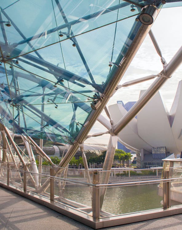 Helix Bridge with ArtScience Museum in Singapore background.