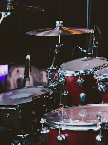 Drum set on stage at the British Music Experience in Liverpool.