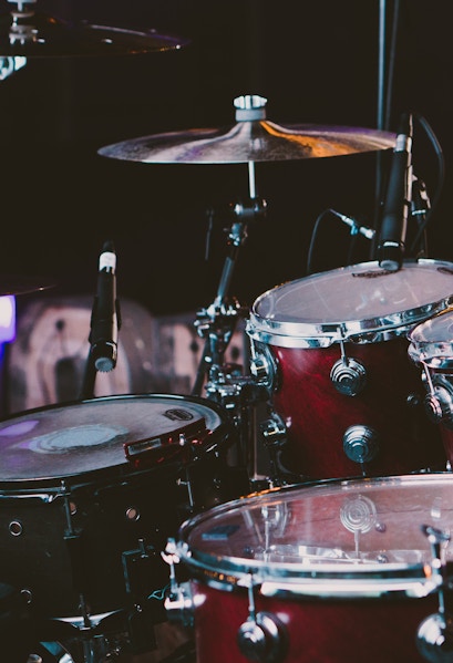 Drum set on stage at the British Music Experience in Liverpool.