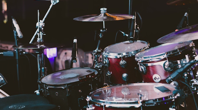 Drum set on stage at the British Music Experience in Liverpool.