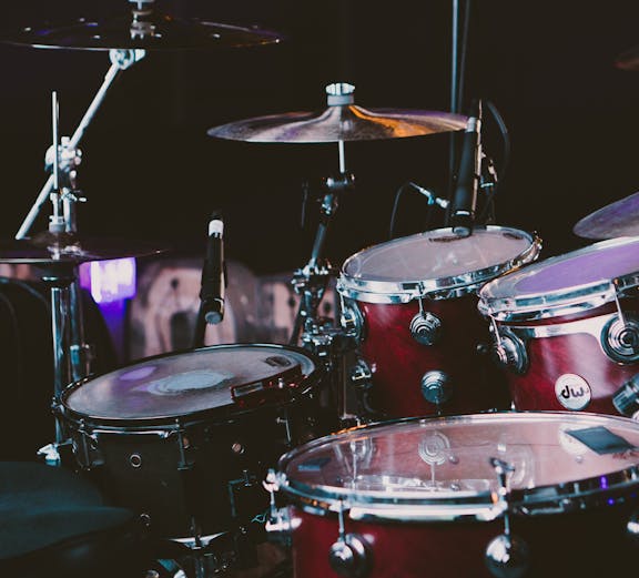 Drum set on stage at the British Music Experience in Liverpool.