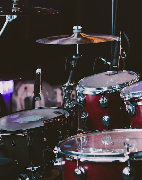 Drum set on stage at the British Music Experience in Liverpool.