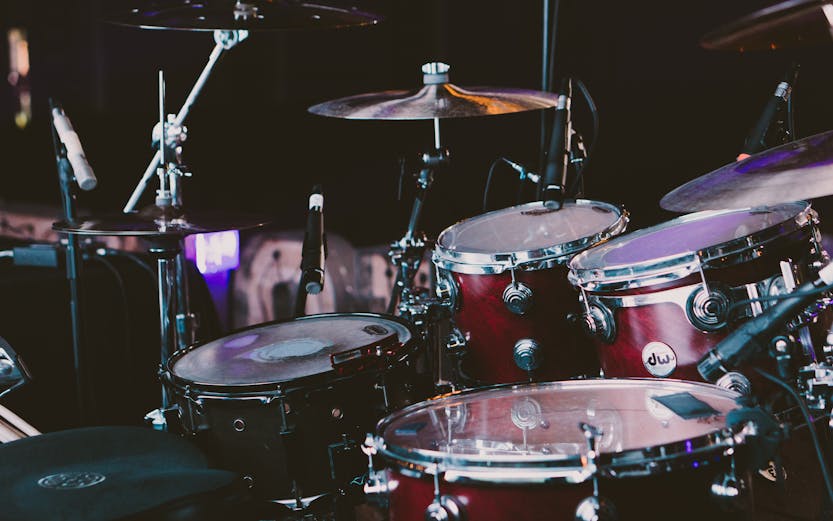 Drum set on stage at the British Music Experience in Liverpool.