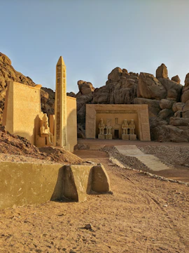 Ancient Egyptian temple ruins with statues and obelisk near Sharm el-Sheikh.