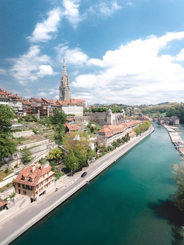 Aerial view of Bern with the Aare River and Bern Cathedral, part of Zurich to Bern tours.