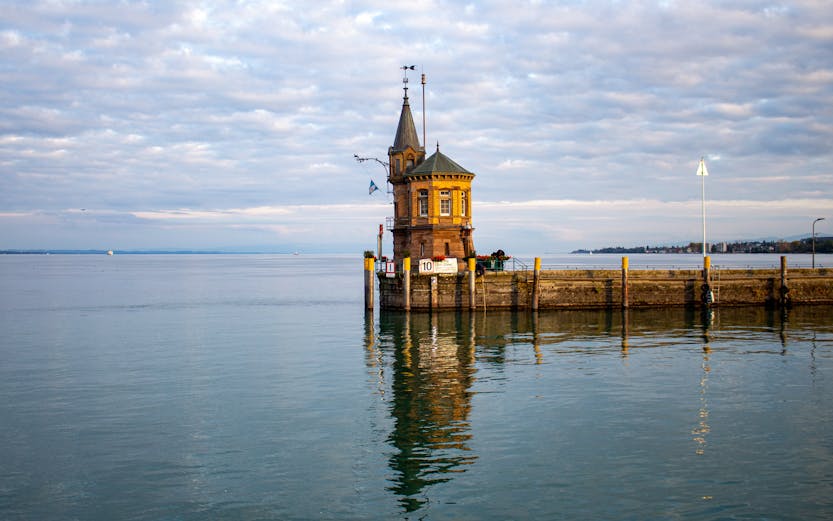 Konstanz harbor with historic tower by Lake Constance, Germany.