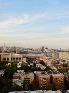 Brooklyn Bridge and Manhattan skyline view from Brooklyn, New York.