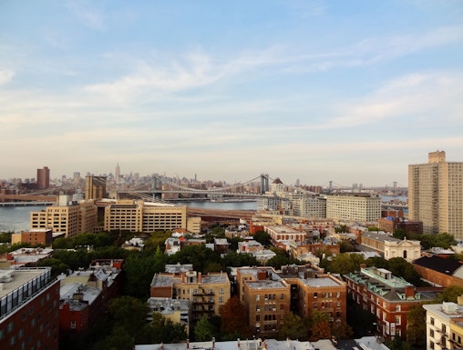Brooklyn Bridge and Manhattan skyline view from Brooklyn, New York.