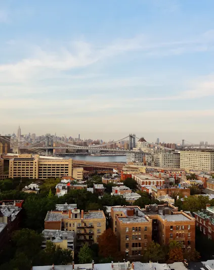 Brooklyn Bridge and Manhattan skyline view from Brooklyn, New York.