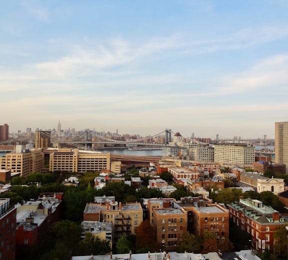 Brooklyn Bridge and Manhattan skyline view from Brooklyn, New York.