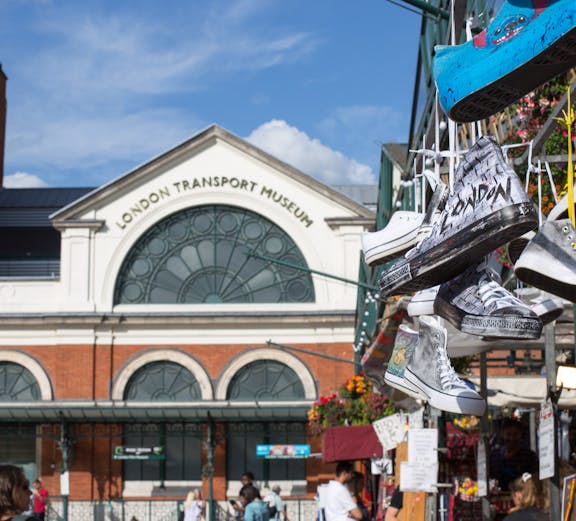 London Transport Museum entrance with hanging sneakers in foreground.