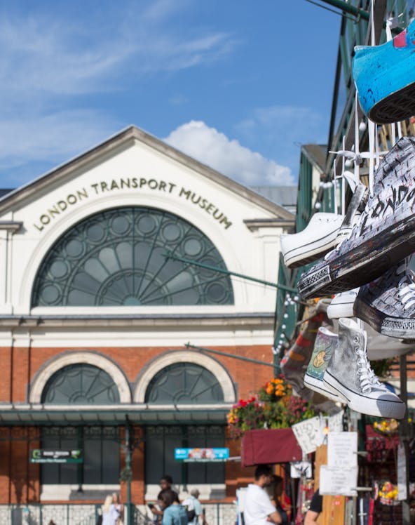 London Transport Museum entrance with hanging sneakers in foreground.