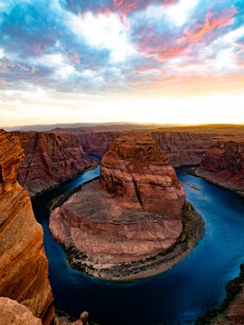 Horseshoe Bend view near Grand Canyon Visitor's Center with river and canyon landscape.