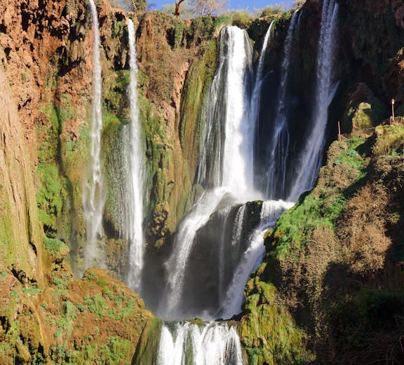 Ouzoud Waterfalls cascading over rocky cliffs in Morocco.