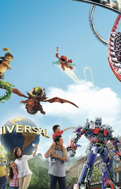 Universal Studios Singapore entrance with iconic globe and visitors exploring the theme park.