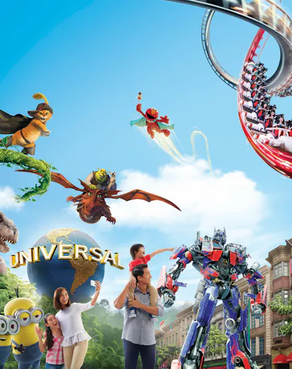 Universal Studios Singapore entrance with iconic globe and visitors exploring the theme park.