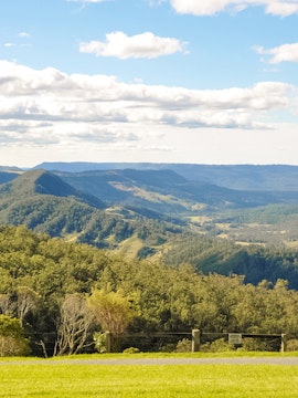 Scenic view of lush green hills and valleys in Lamington National Park, Australia.
