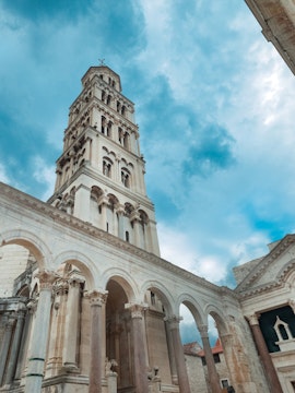 Bell tower of Diocletian's Palace in Split, Croatia, viewed from below.