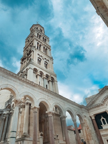 Bell tower of Diocletian's Palace in Split, Croatia, viewed from below.