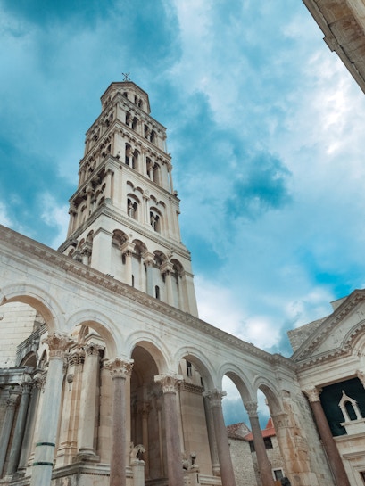 Bell tower of Diocletian's Palace in Split, Croatia, viewed from below.