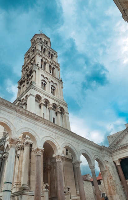 Bell tower of Diocletian's Palace in Split, Croatia, viewed from below.