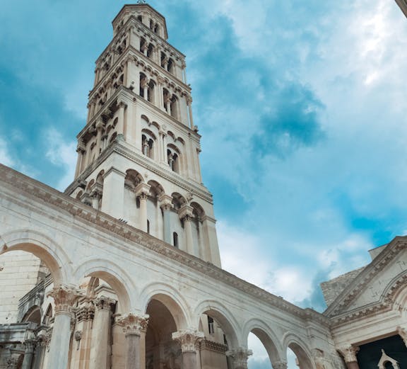 Bell tower of Diocletian's Palace in Split, Croatia, viewed from below.