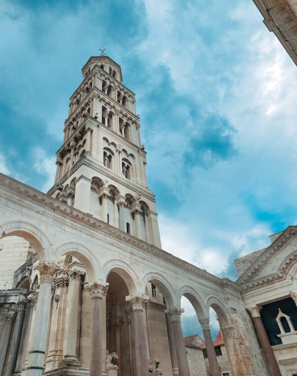 Bell tower of Diocletian's Palace in Split, Croatia, viewed from below.