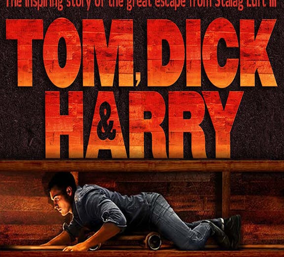Tom, Dick & Harry show poster, Off West End, depicting a man crawling in a tunnel.