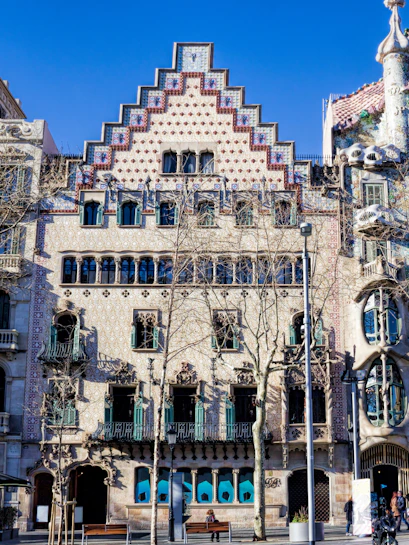 Casa Amatller facade with intricate architectural details in Barcelona, Spain.