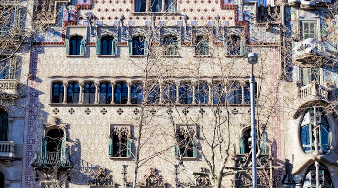 Casa Amatller facade with intricate architectural details in Barcelona, Spain.