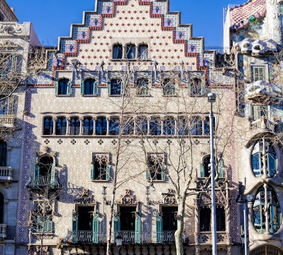 Casa Amatller facade with intricate architectural details in Barcelona, Spain.