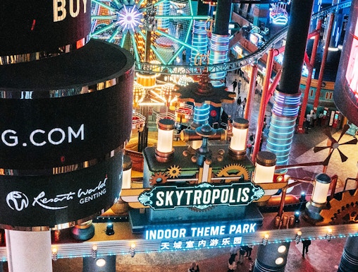 Genting Skytropolis Indoor Theme Park entrance with illuminated Ferris wheel.