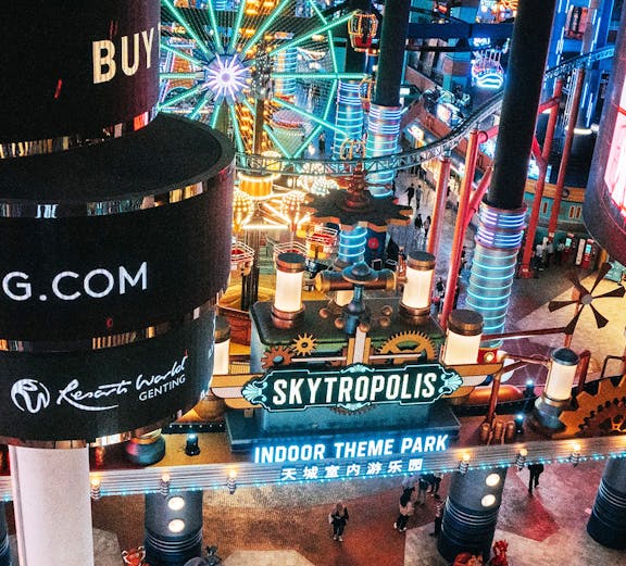 Genting Skytropolis Indoor Theme Park entrance with illuminated Ferris wheel.