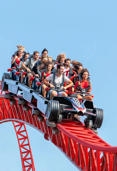 Roller coaster ride at Mirabilandia, Ravenna with passengers enjoying the thrill.