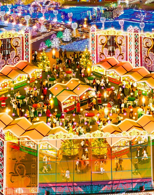 Festive lights and market stalls at Nagasaki Huis Ten Bosch, Japan.