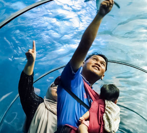 Family exploring underwater tunnel at Langkawi Underwater World, Malaysia.