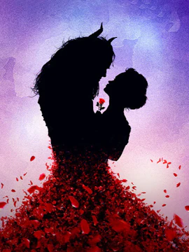 Silhouette of a couple with a rose, inspired by Disney's Beauty and the Beast show.