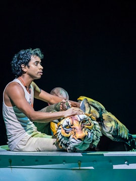 Performer with tiger puppet in a theatrical show.