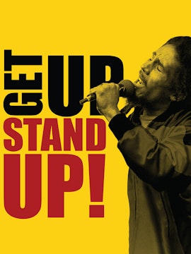 Performer singing passionately with 'Get Up Stand Up' text, True Story Shows