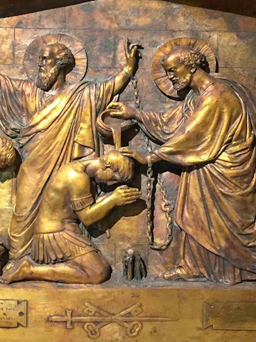 Relief sculpture depicting a biblical scene inside Mamertine Prison, Rome.