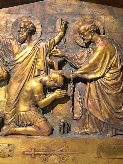 Relief sculpture depicting a biblical scene inside Mamertine Prison, Rome.