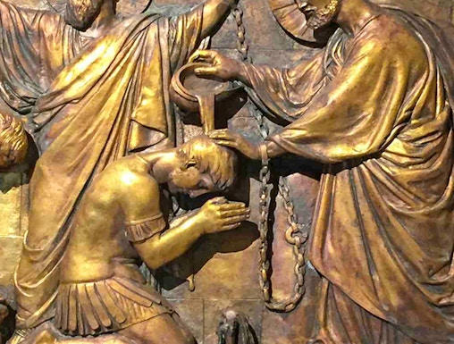 Relief sculpture depicting a biblical scene inside Mamertine Prison, Rome.