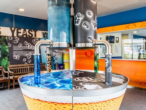 Beer brewing display at Tiger Brewery Singapore.