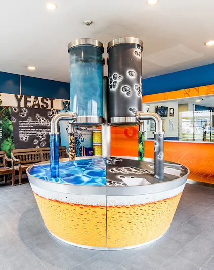 Beer brewing display at Tiger Brewery Singapore.