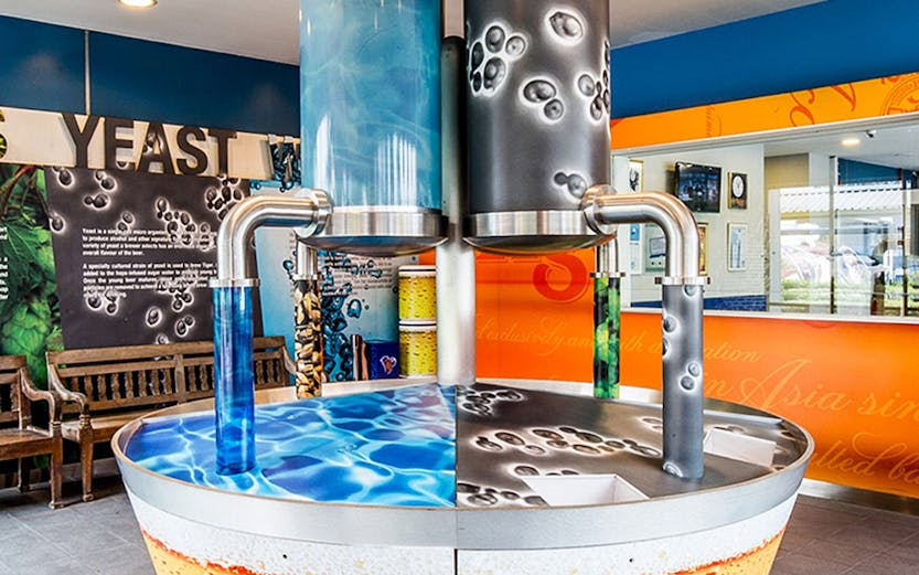 Beer brewing display at Tiger Brewery Singapore.